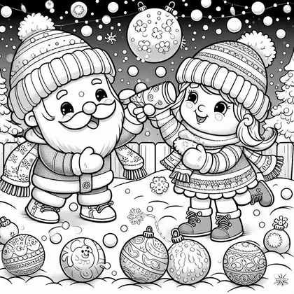 Coloriage d'un Père Noël et d'une fillette en bonnets à pompon, entourés de boules de Noël décorées dans la neige
