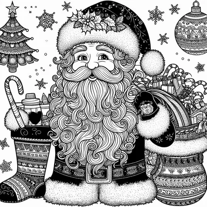 Coloriage du Père Noël à longue barbe, avec une chaussette de Noël, un sapin, une boule décorée et un sac de cadeaux