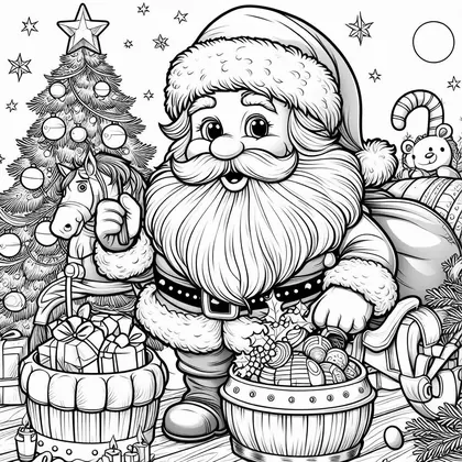 Coloriage d'un Père Noël à longue barbe entre un sapin décoré et deux paniers de jouets, avec un cheval à bascule et un ours