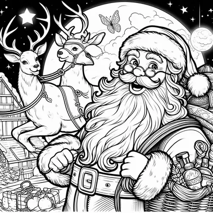 Coloriage du Père Noël à lunettes, sac de jouets à l'épaule, avec deux rennes harnachés et une grande lune derrière lui