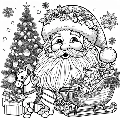 Coloriage du Père Noël et d'un poney attelé à un traîneau chargé de cadeaux, sapin décoré et paquets