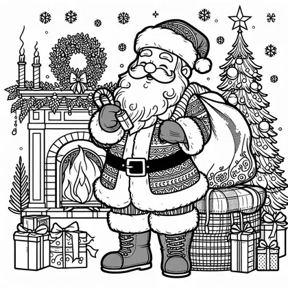 Coloriage du Père Noël avec un sac, devant une cheminée allumée, un sapin, une couronne et des cadeaux