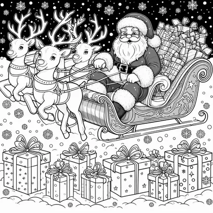 Dessin à colorier : le Père Noël dans son traîneau tiré par trois rennes, avec une rangée de cadeaux à pois sous les flocons
