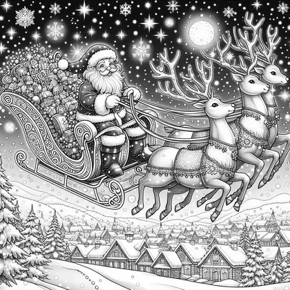 Coloriage du Père Noël dans son traîneau tiré par trois rennes au-dessus d'un village enneigé, sous un ciel étoilé