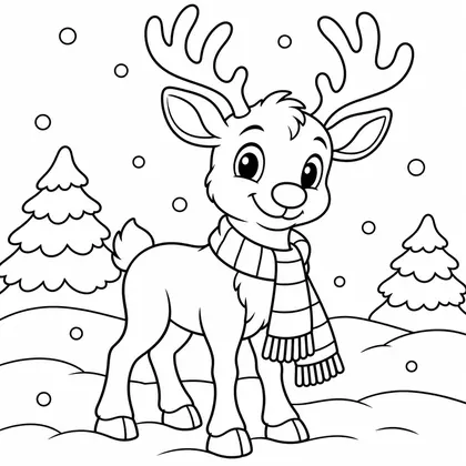 Coloriage d'un jeune renne à écharpe rayée debout dans la neige, avec deux sapins enneigés et des flocons