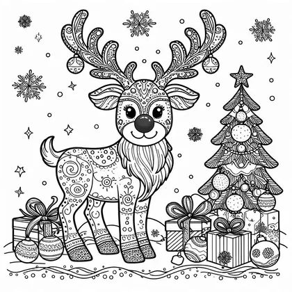 Planche à colorier avec un renne aux bois ornés de motifs et de boules, devant un sapin, des cadeaux et des flocons