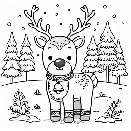 Coloriage d'un renne à grelot et collier à motifs, debout sur une colline devant des sapins enneigés et des petits arbustes