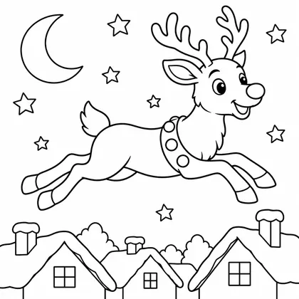Coloriage d'un renne en plein bond au-dessus de toits de maisons enneigées, avec lune et étoiles dans le ciel