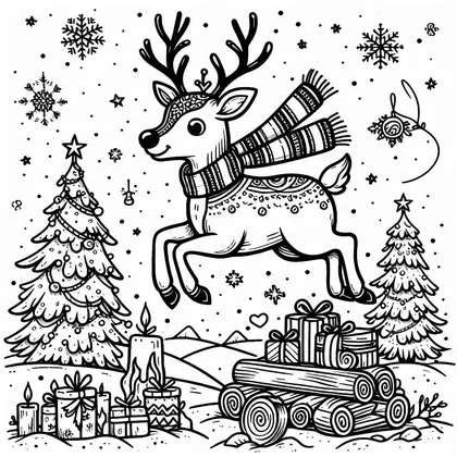 Coloriage d'un renne en plein saut avec une écharpe rayée, entre deux sapins, des bougies, des cadeaux et un tas de bûches
