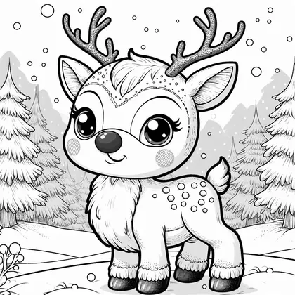 Coloriage : un petit renne aux grands yeux, bois texturés et poitrail en fourrure, dans une forêt de sapins enneigés