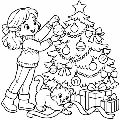 Dessin à colorier : une fillette accroche une boule au sapin pendant qu'un chaton joue avec un ruban près des cadeaux