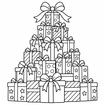 Coloriage d'une pile de paquets cadeaux en forme de sapin : nœuds, rayures, étoiles et pois, un gros nœud au sommet