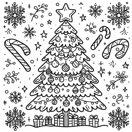 Dessin à colorier : un sapin à boules entouré de cannes à sucre, de flocons, d'étoiles et de petits cadeaux au pied
