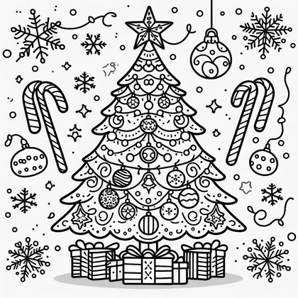 Dessin à colorier : un sapin à boules et guirlandes, entouré de cannes à sucre, de flocons et de cadeaux