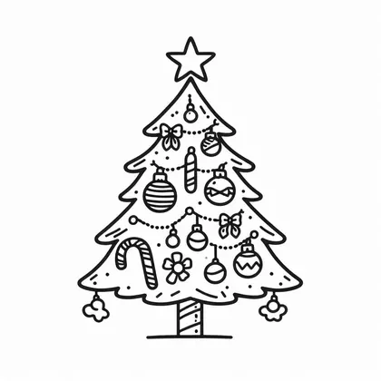 Coloriage d'un sapin décoré d'une étoile, de boules, de nœuds, de guirlandes et d'une canne à sucre, sur fond blanc