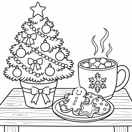 Planche à colorier : petit sapin décoré en pot, tasse de chocolat chaud à guimauves et assiette de biscuits en pain d'épice