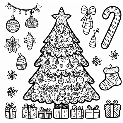 Dessin à colorier : un sapin à étoile entouré de boules, d'une canne à sucre, d'une chaussette et de six cadeaux