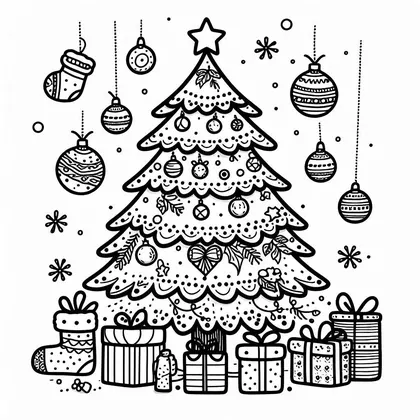 Coloriage : un sapin à étoile entouré de boules suspendues, de chaussettes de Noël et de paquets cadeaux de formes variées