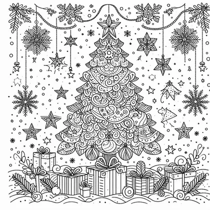 Planche à colorier avec un sapin à volutes, entouré d'étoiles, de flocons, de guirlandes suspendues et de cadeaux