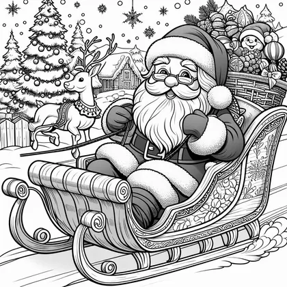Coloriage : le Père Noël à lunettes dans un traîneau, avec un renne attelé, un sapin décoré et une hotte pleine de jouets