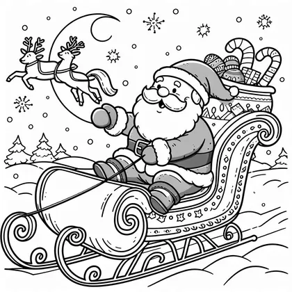 Coloriage du Père Noël qui salue depuis son traîneau, avec un sac de cannes à sucre et deux rennes volant près de la lune